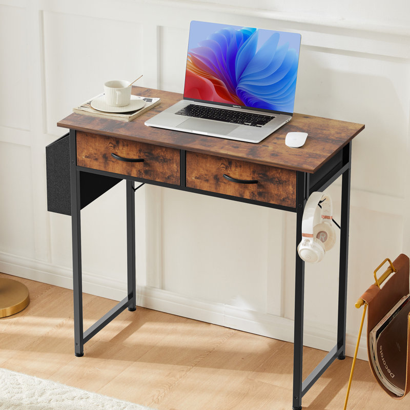 Bureau d'ordinateur 32 pouces avec tiroir et sac de rangement en tissu, Brun
