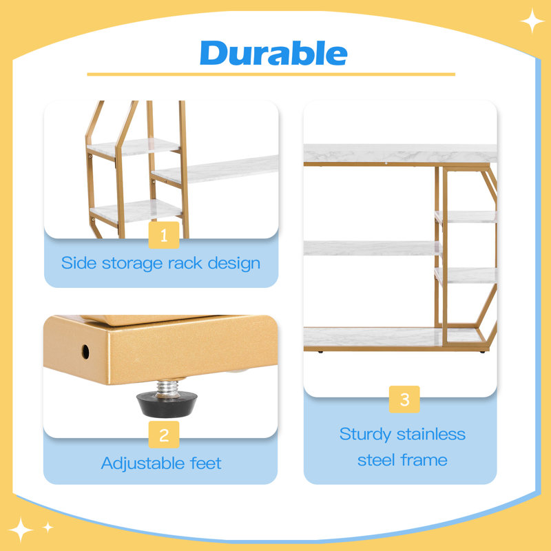 Marble Console Table, 3 Tiers Modern Console Table for Open Storage, Golden Geometric Table with Iron Tubes, Anti-Tip Device and Triangular Support for Living Room
