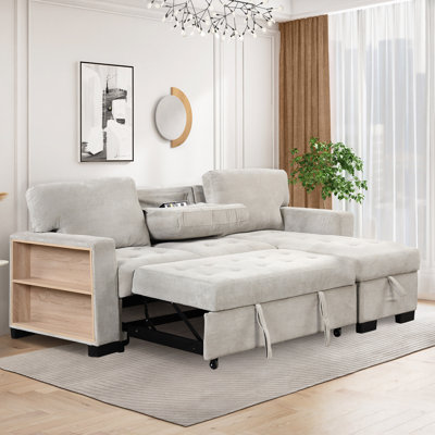Stylish And Functional Light Chaise Lounge Sectional With Storage Rack Pull-Out Bed Drop Down Table  And USB Charger