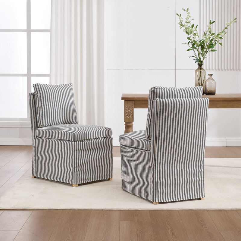 Solid Wood Upholstered Dining Chairs, Blue Striped