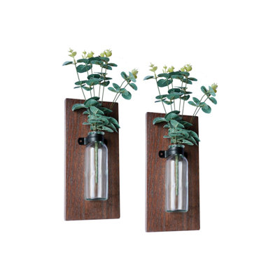 2 Pack Glass Wall Vases And Plants Artificial, Indoor Hanging Vase, Modern Farmhouse Wall Decor For Bathroom Office And Living Room, Farmhouse Sconces Wall Decor