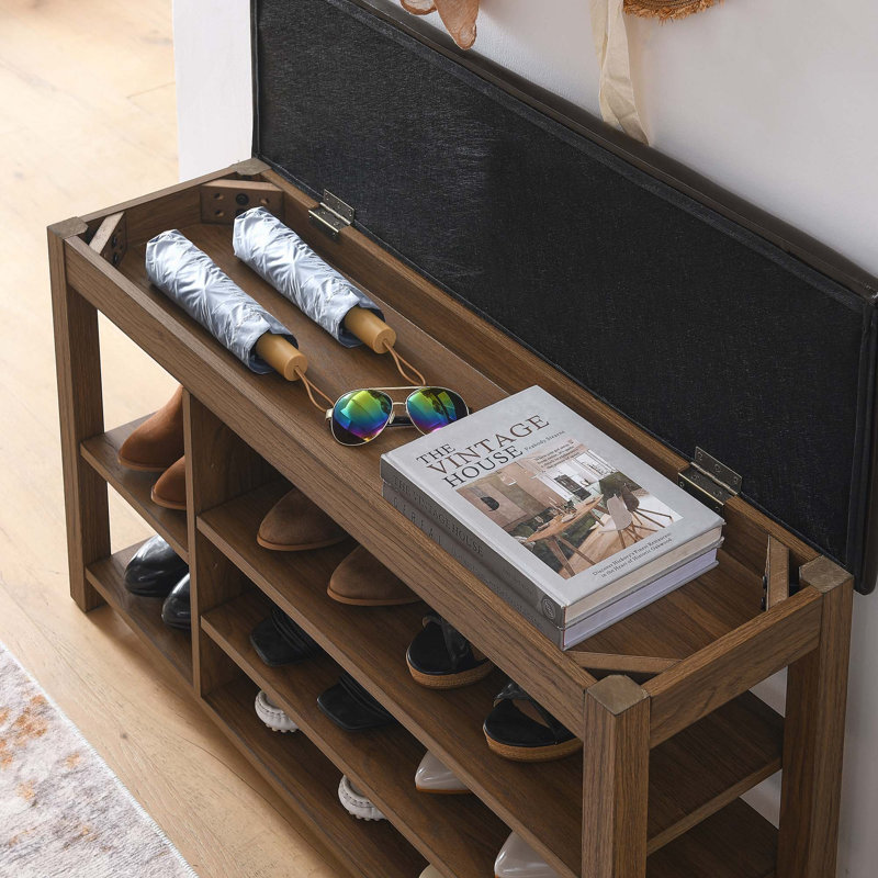 Height-Adjustable Long Rubber Wood Shoe-Changing Bench With Comfortable Seat And Concealed Storage Space, Brown Wood