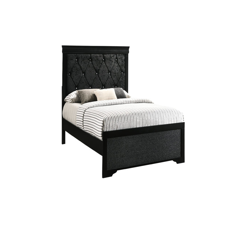 Lit simple avec tête de lit tapissier et cadre noir - Panneau de chambre à coucher moderne au design fonctionnel