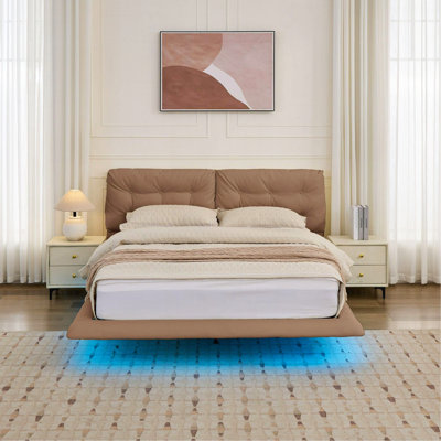 Cadre de lit flottant pour grand lit avec lumières DEL, lit plateforme en cuir d'unité centrale avec tête de lit capitonnée, assemblage facile, pas de sommier tapissier, kaki