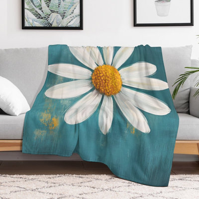 White Daisy Against Teal Background Luxury Flannel Throw Blanket, Soft Warm Fuzzy Blanket for Living Room Sofa Bed Home Decor