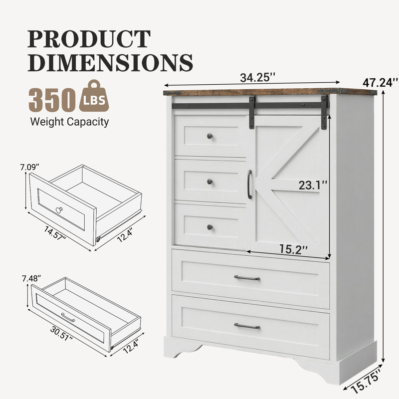 Farmhouse 47" Tall 5 Drawer Dresser Storage Cabinet Chest With Sliding Barn Door & Shelf, White