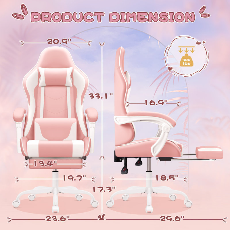 Adjustable Video Gaming Chair with Massage Swiveling PC & Racing Game Chair with Footrest, Pink/White