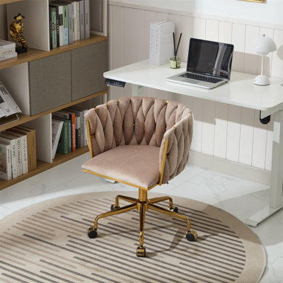 Velvet Vanity Chair With Wheels, Accent Chair Makeup Vanity Chair With Hand Woven Backrest, Modern 360Â° Swivel Home Office Desk Chair -  Everly Quinn, 7F75139496944CEAB89BDA17D0F1482A