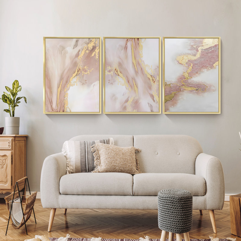Abstrait - Peinture sur toile 3 pièces, H 24 po x l 48 po x P 1,5 po, Or