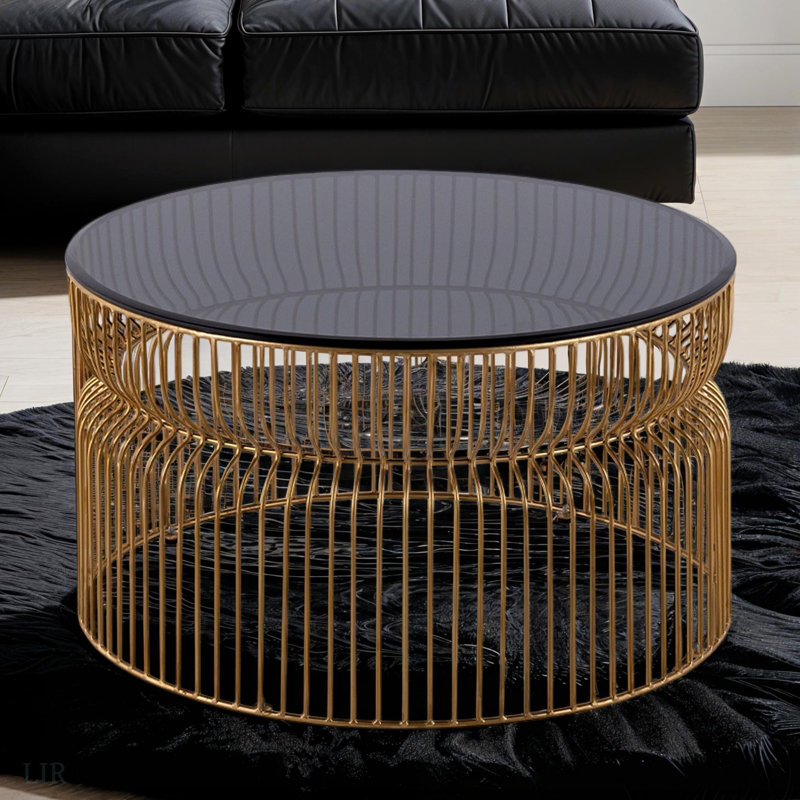 Ensemble de base moderne en métal emboîté et plateau en verre trempé teinté, table basse ronde de 30 po, table de bout d'une hauteur de 21 po, table d'appoint, table de bout