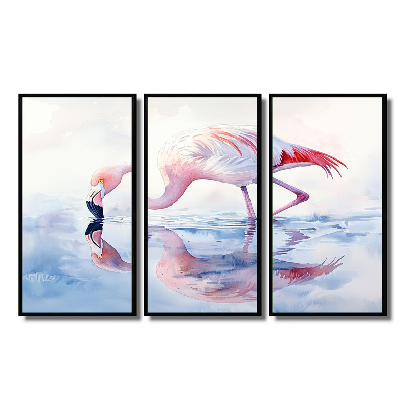 Flamant rose réflexions - art mural flamant rose - 3 panneaux, H 28 po x l 36 po, Noir