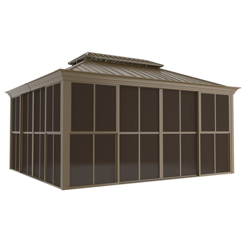 12' x16' Sunroom Gazebo, Fully Enclosed Outdoor Sunroom with Lockable Sliding Doors, Galvanized Steel Double Roof Hardtop Gazebo, Aluminum Frame Patio Solarium for Backyard