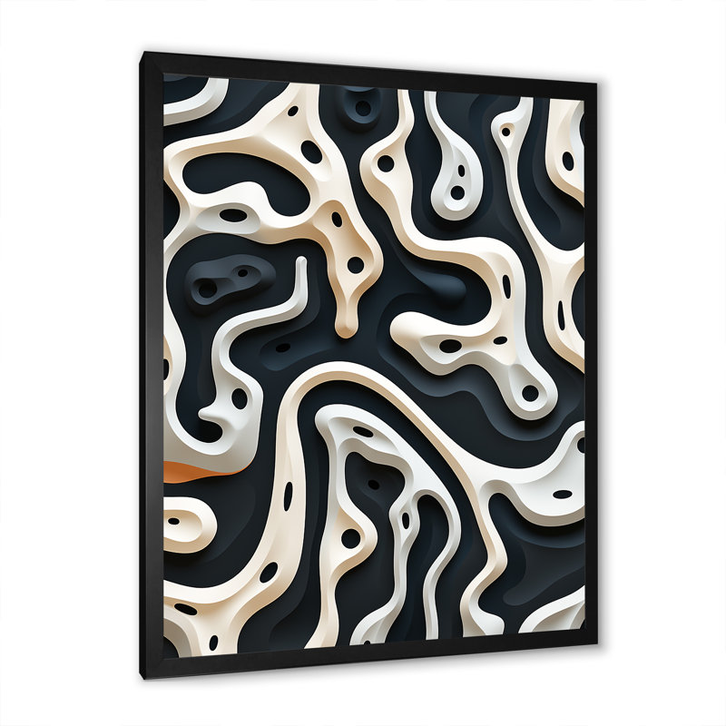 Noir et blanc, motif de labyrinthe II - art mural abstrait, salon, H 20 po x l 12 po x P 1 po, Cadre simple noir