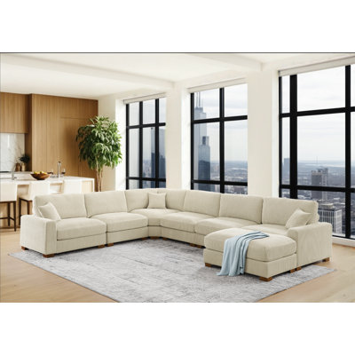 Modern Modular Sectional Sofa With Adjustable Headrests, Movable Ottoman & Solid Wood Legs – Cream / Gray / Green