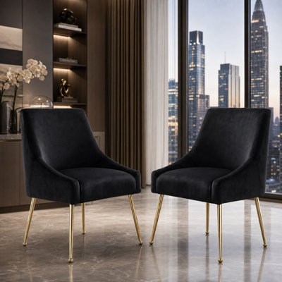 Ensemble de 2 chaises de salle à manger modernes en velours avec pieds en métal doré et coussins rembourrés en éponge pour le salon et la salle à manger | Noir
