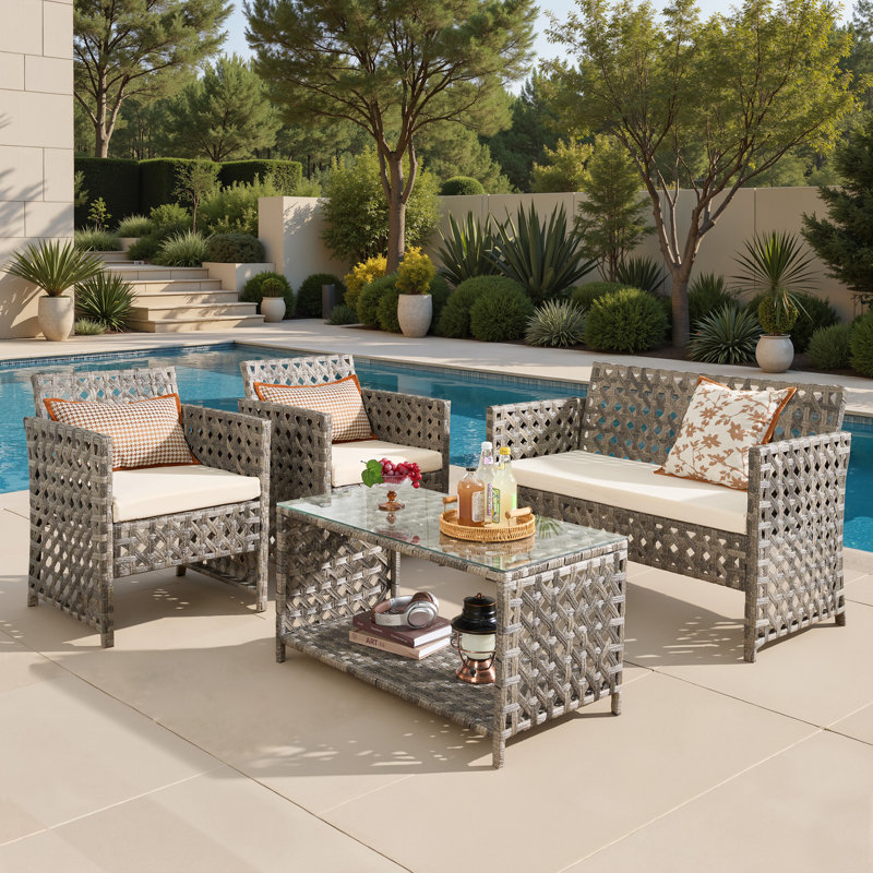 4 - Person Patio Conversation Set with Loveseat, Chairs and Cushions, Beige