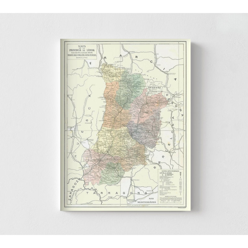 Lleida province Espagne - Pompido 1913, carte de Espagne, décoration murale, campagne européenne, carte de province, décor de bureau rustique