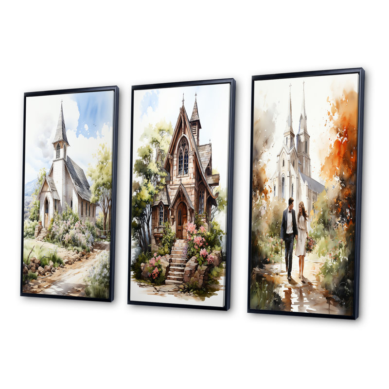 «White Wedding Chapel Rustic Spring Watercolor», ensemble de 3 impressions, H 32 po x l 48 po, Cadre flottant noir