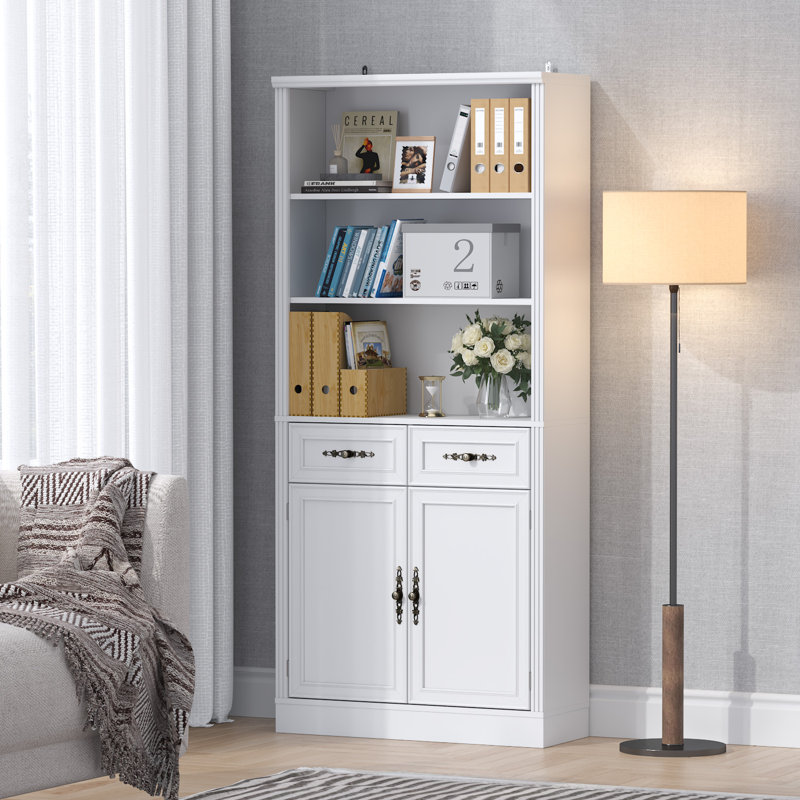 71.4" Tall Modern Bookcase with 2 Doors and 2 Drawers, Book Cabinet Storage with Vintage Handles for Living Room, Bedroom, Home Office