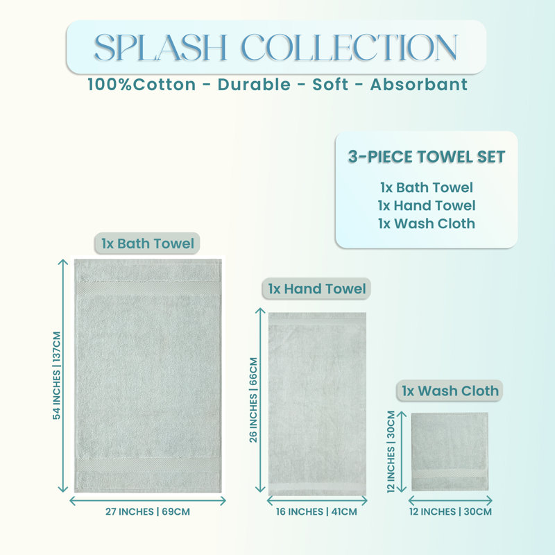 Splash 100% Cotton Zero Twist Towel Set, Bath Towels, Hand Towels & Washcloths, 550 GSM Soft Absorbent Towels for Bathroom, Spa & Daily Use, OEKO-TEX Certified, 3 Pack, Blue