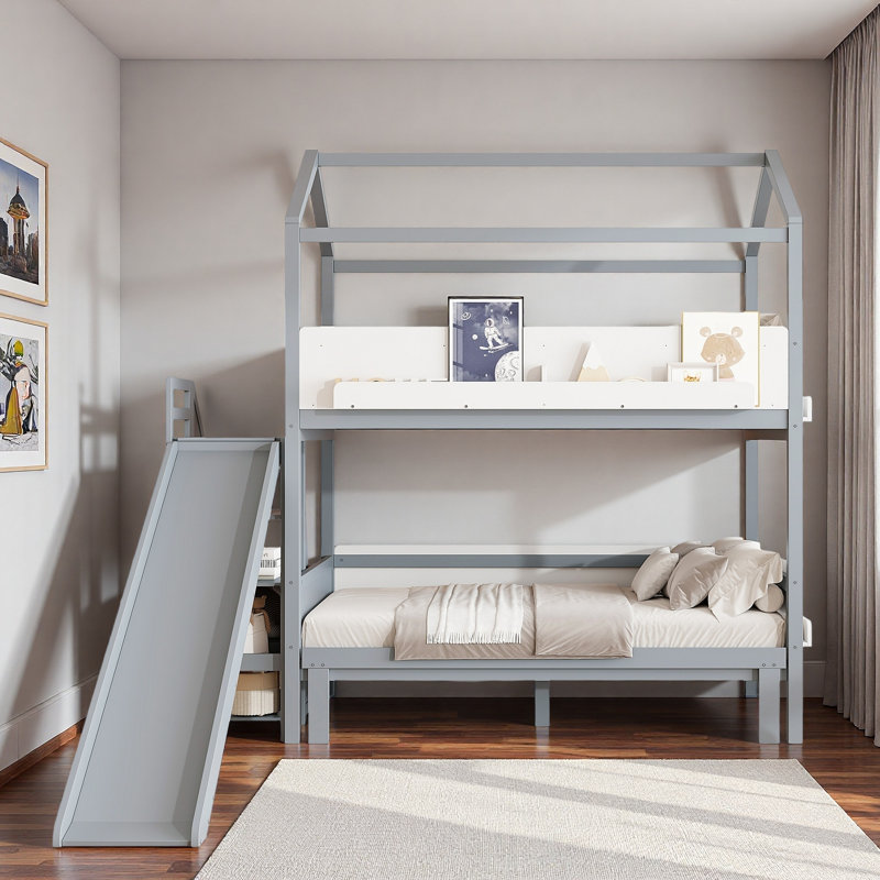 Lit superposé en forme de maison avec escalier de rangement, tablettes de présentation et glissade, Gris / Blanc