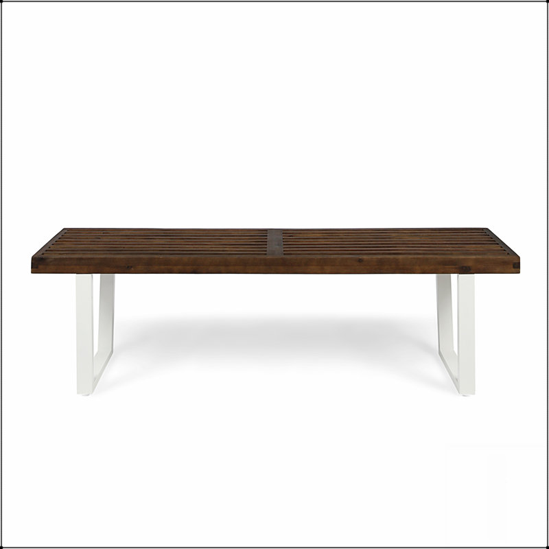 Banc de salle à manger moderne en bois d'acacia avec pieds en fer, résistant aux intempéries et polyvalent pour une utilisation intérieure et extérieure