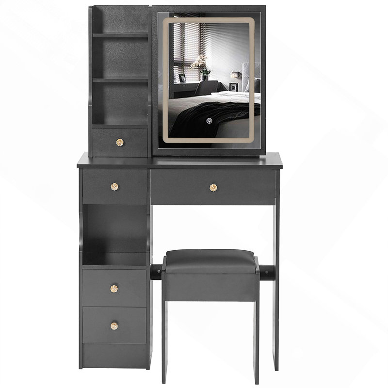 Ensemble de petite coiffeuse 29,2 pouces avec miroir tactile à DEL, bureau de maquillage 3 lumières à intensité variable avec tiroir gauche