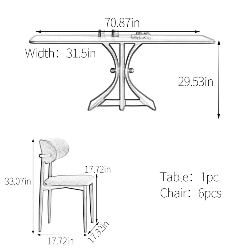 Unique sintered stone dining table set, 29.53" H x 70.87" L x 31.5" W