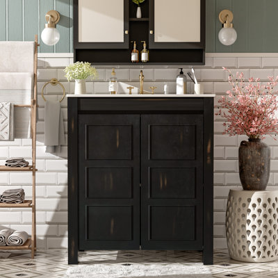 Meuble-lavabo rustique 30 po avec lavabo en céramique - Armoire espresso