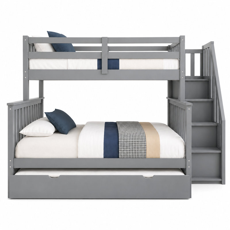 Twin Over Full Bunk Bed with Trundle and Storage, No Box Spring Required, Grey, Grey