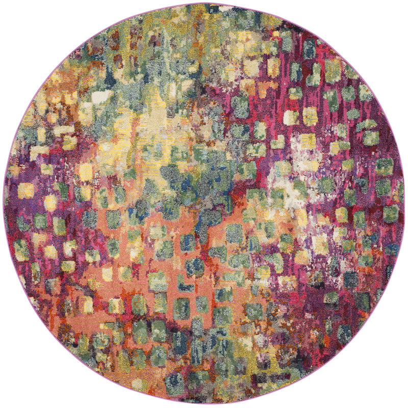 Isabea Abstract Pink/Green/Yellow Area Rug, Round 9'