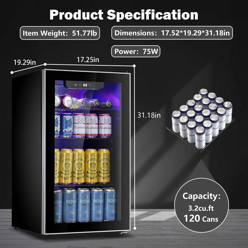 R.W.FLAME 17.52'' W 120 Cans (12 oz.) 3.2 Cubic Feet Beverage Cooler with Wine Storage and Reversible Glass Door, Black/White