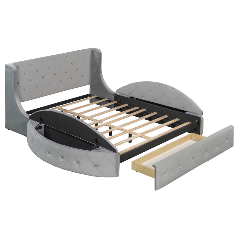 Lit plateforme tapissier en velours avec tête de lit à oreilles, 1 grand tiroir et 2 tabourets de rangement latéraux (gris)