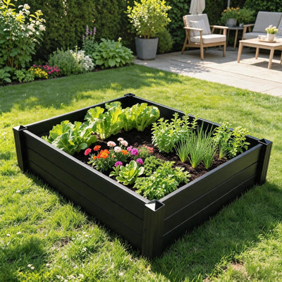 Lit de jardin surélevé carré 4 pi x 4 pi en PP noir - Boîte à fleurs d'extérieur durable pour légumes, fleurs, herbes de patio, pelouse, cour