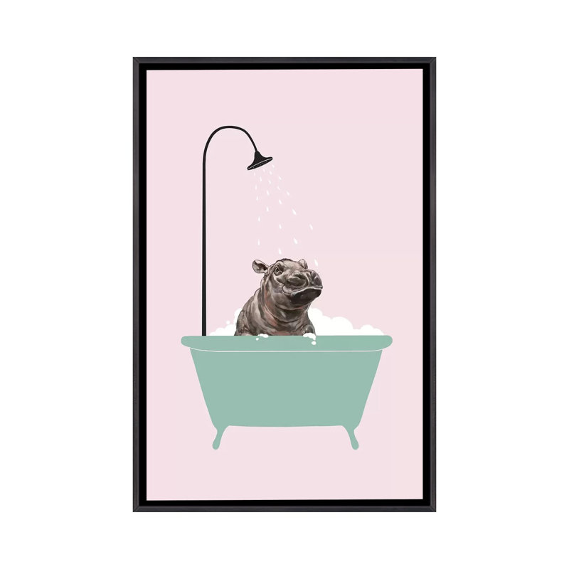 Hippopotame dans une baignoire, art encadré, H 48 po x l 32 po x P 1,5 po, Toile avec cadre noir patiné