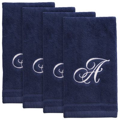Set of 4 Navy Blue Monogrammed Towel - White Embroidered