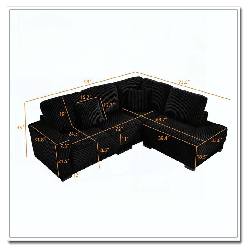 Canapé modulaire de 93 po en L avec méridienne réversible, Noir
