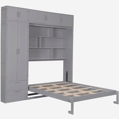 Grand lit escamotable mural avec armoire supérieure, tablettes et garde-robe, lit pliant peu encombrant, gris (ancien sku: N708S00022E)