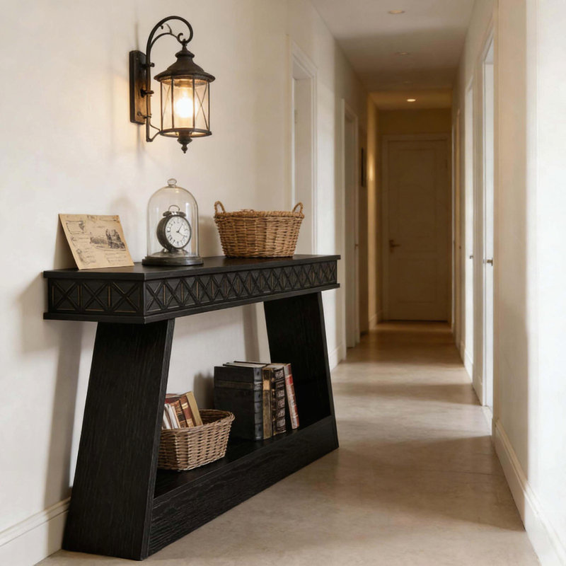 Two-Tiered Rustic Console Table with Solid MDF Construction, Black, Black, Black