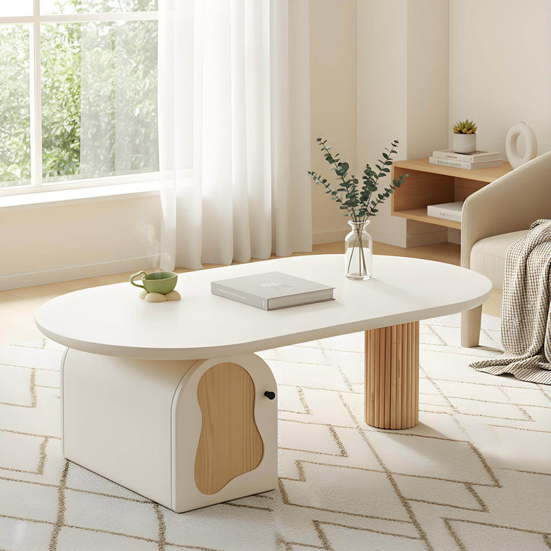 Table basse ovale moderne de 47,2 po, table basse en bois crème avec armoire et pieds Boll pour le salon, le bureau personnel et l’appartement