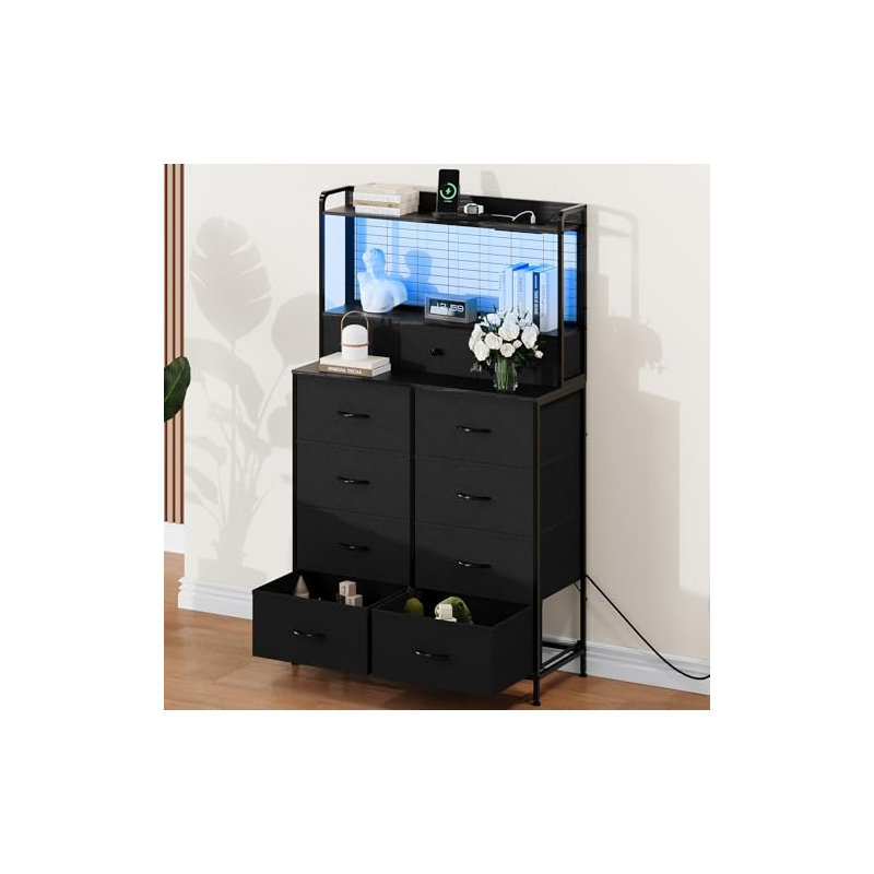 Smart Dresser with 11 Fabric Drawers, Built-in Charging Station with Wireless Charger, App-Controlled RGB LED Lights, Black