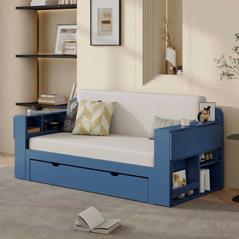Full Size Daybed Frame With Removable Desk, With Storage Function Drawers And  Hydraulic Side Table, Blue, Blue, Full