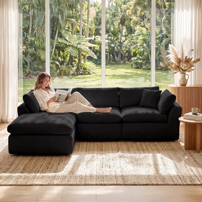 Chenille Compressed Cloud Sectional Sofa Set, 3-Piece Modular Couch with Corner + Middle + Chaise, No Assembly Needed
