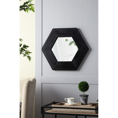 Miroir hexagonal 18,5 "x 18,5", cadre en bois massif pour le rehaussement du salon de la salle de bain, miroir hexagonal noir avec cadre, ornement de couloir, 18,5 "x 18,5