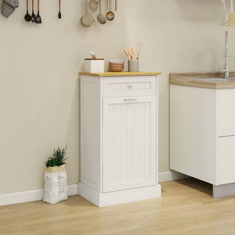 Armoire à ordures inclinable avec un tiroir et un compartiment, Blanc