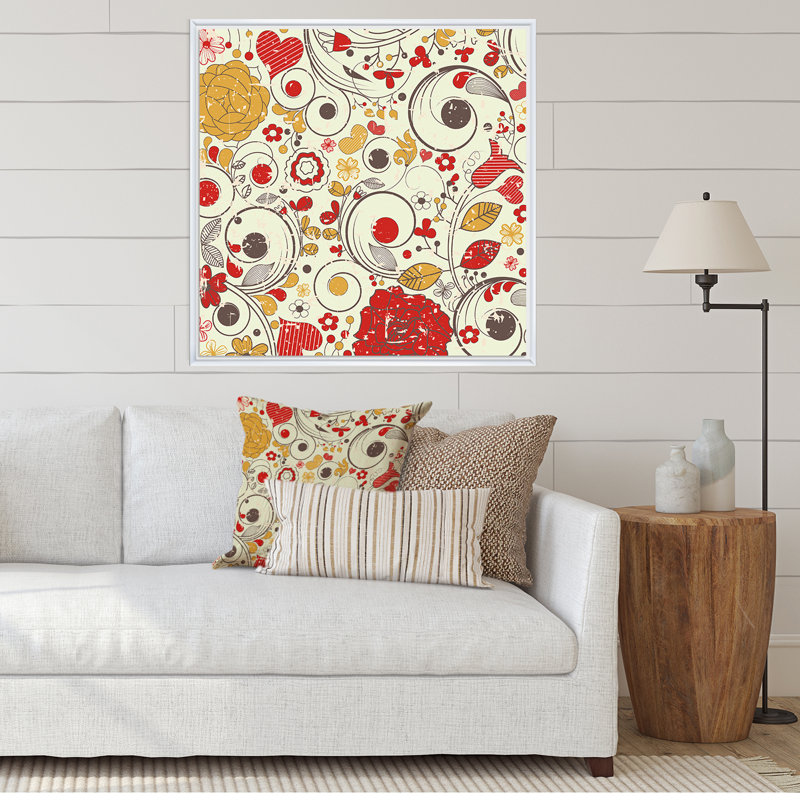 Fleurs rétro en rouge et orange - œuvre d'art traditionnelle sur toile, H 16 po x l 16 po x P 1 po