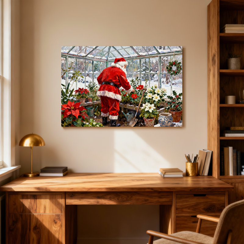 Père Noël dans une serre avec des fleurs et des plantes, H 12 po x l 18 po