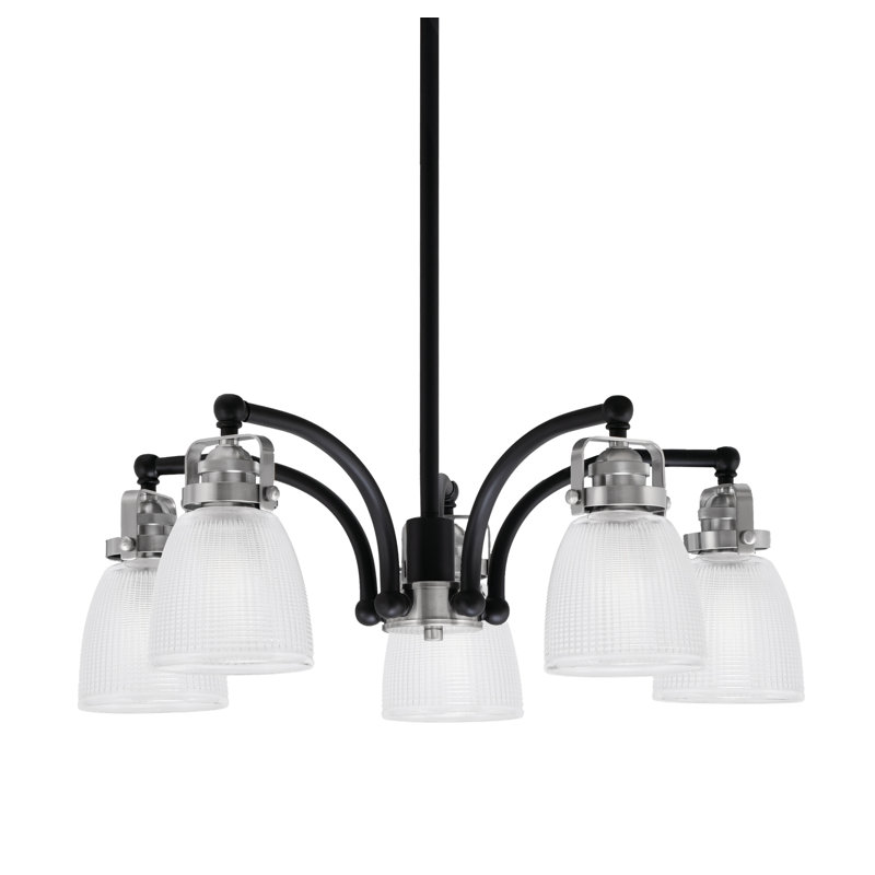 Lustre 5 lumières Easton avec verre transparent nervuré Easton, Noir mat/nickel brossé
