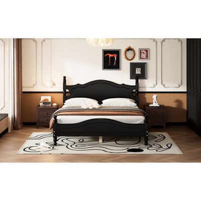 Black Queen Size Platform Bed Frame, Retro Design With Solid Wood Slats Bed, Slat For Optimal Support