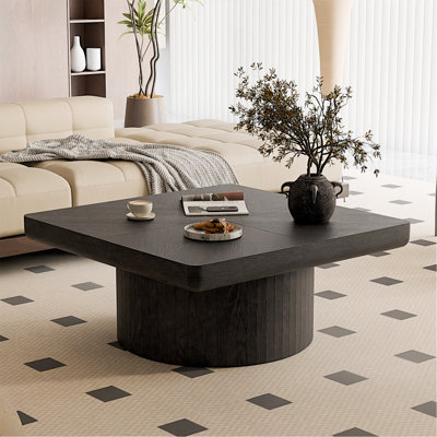 Table basse carrée 34,6 po pour le salon, plateau en placage de bois moderne avec motif de parquet et base cylindrique, plateau de table épaissi, assemblage facile, noir